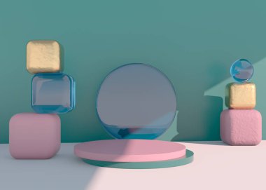 Gölgeli boş podyum. Ürün sunumu için stand-up yapın. Üç boyutlu. Minimum konsept. Ürünü göster.