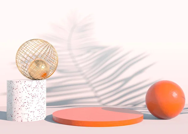 Geometrik şekilli en küçük sahne, gölgeli krema arkaplanlı podyumlar. Kozmetik ürünü gösterilecek sahne, 3d
