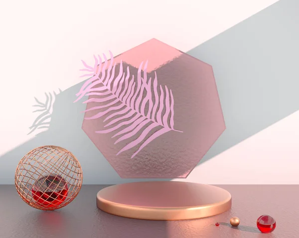 Pastel arka planda yapraklarla dekore edilmiş ürün sergisi, 3D