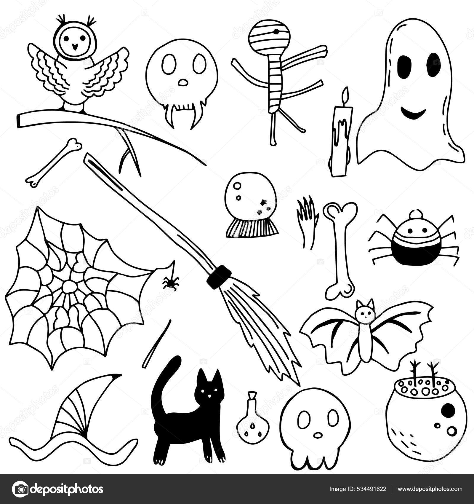 Conjunto doodle desenho mão desenhada halloween preto e branco