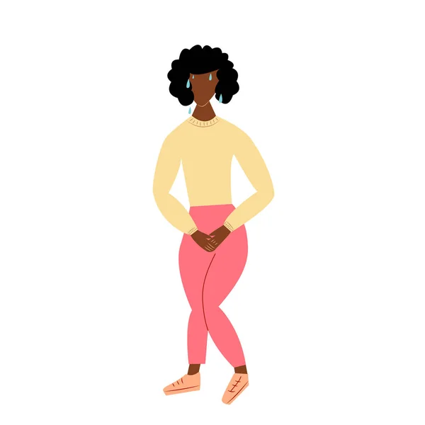 尿失禁の問題 アフリカ系アメリカ人の女性が股間を握っているので 女性は常におしっこをしたいと思っています 白い背景に隔離されている ベクトル — ストックベクタ