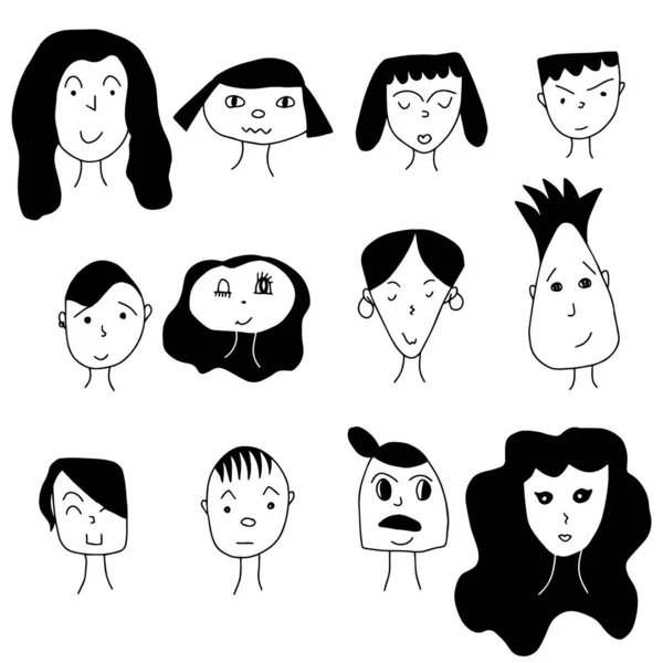 Çizilmiş Karikatür Yüzler Kalabalık Doodle Koleksiyonu Avatarları — Stok Vektör