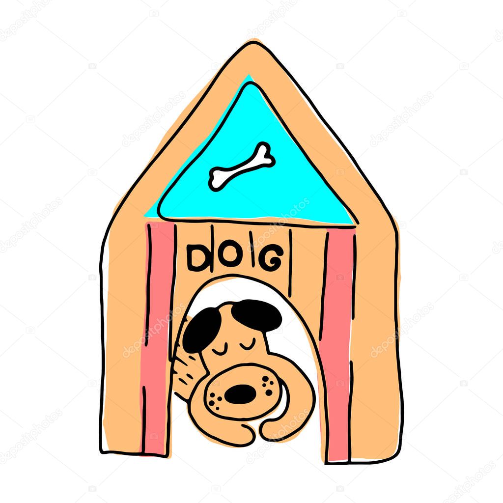 Cute funny hand drawn colorful cartoon caracter dog sleeping in the booth. House pet care concept.