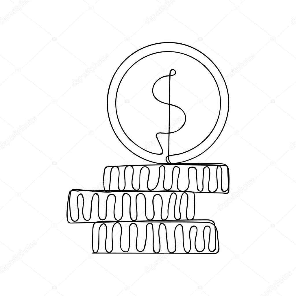 Stacks of coins penny cents. Continuous one line drawing. Vector.