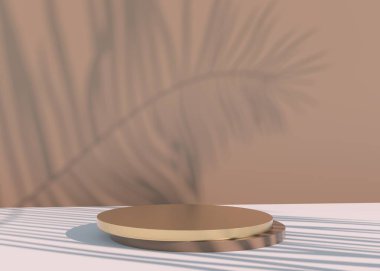 Kozmetik ürün sunumu için palmiye yapraklı podyum. Boş vitrin kaidesi arkaplanı maketi. 3d hazırlayıcı.