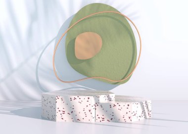 Palmiye yapraklarıyla boho podyumu ve kozmetik ürün sunumu için pastel renkler. Boş vitrin kaidesi arkaplanı maketi. 3d.