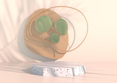 Palmiye yapraklarıyla boho podyumu ve kozmetik ürün sunumu için pastel renkler. Boş vitrin kaidesi arkaplanı maketi. 3d.