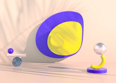 Palmiye yapraklarıyla boho podyumu ve kozmetik ürün sunumu için pastel renkler. Boş vitrin kaidesi arkaplanı maketi. 3d.