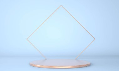 Geometrik şekilli 3D çizim stüdyosu, yerde podyum. Ürün sunumu için platformlar.