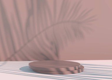Kozmetik ürün sunumu için palmiye yapraklı podyum. Boş vitrin kaidesi arkaplanı maketi. 3d.