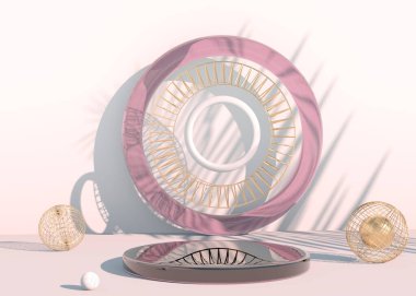 Geometrik şekilli en küçük sahne, gölgeli krema arkaplanlı podyumlar. Kozmetik ürünü gösterilecek sahne, 3d