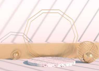 Geometrik şekilli en küçük sahne, gölgeli krema arkaplanlı podyumlar. Kozmetik ürünü gösterilecek sahne, 3d
