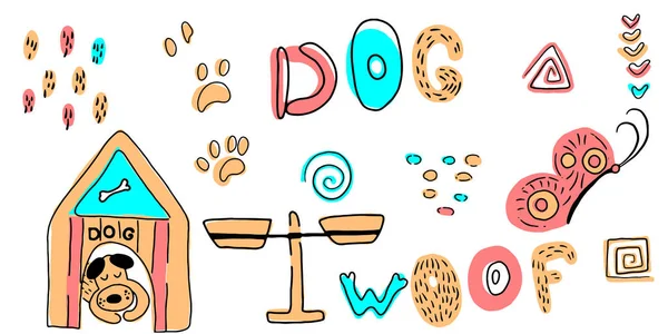 Conjunto Vectores Dibujos Animados Lindo Perro Letras Estilo Escandinavo Sobre — Vector de stock