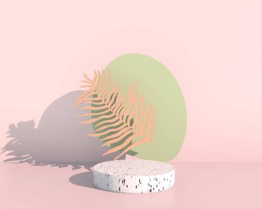 Pastel arka planda yapraklarla dekore edilmiş ürün sergisi.