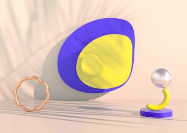 Palmiye yapraklarıyla boho podyumu ve kozmetik ürün sunumu için pastel renkler. Boş vitrin kaidesi arkaplanı maketi. 3d.