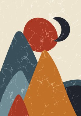 Geometrik şekilleri ve dokuları olan soyut çağdaş orta yüzyıl posterleri. Duvar kağıdı, arkaplan, duvar dekorasyonu, kapak, baskı, kart için tasarım. Modern boho minimalist sanat. Vektör.