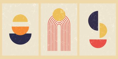 Geometrik şekilli ve desenli soyut çağdaş orta yüzyıl posterleri. Duvar kağıdı, arkaplan, duvar dekorasyonu, kapak, baskı, kart için tasarım. Modern boho minimalist sanat. Vektör.