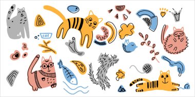 Komik vektör çizimi sevimli kediler. Karalama. El çizimi.