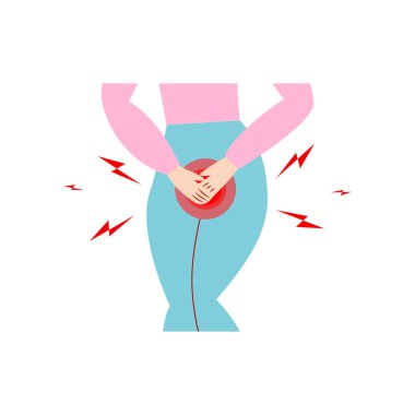 İdrar tutamama sorunu. Kadın elleri kasıklarını tutuyor, kadın her zaman işemek istiyor. Beyaz arka planda izole edilmiş. Vektör.