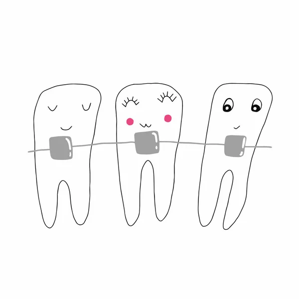 Desenho Animado Vetor Ilustração Dentes Bonitos Aparelho Mão Desenhada Doodle —  Vetores de Stock