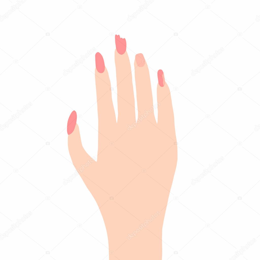 Brittle nails, female hand with thin broken nails. Vector illustration, hand drawn doodle