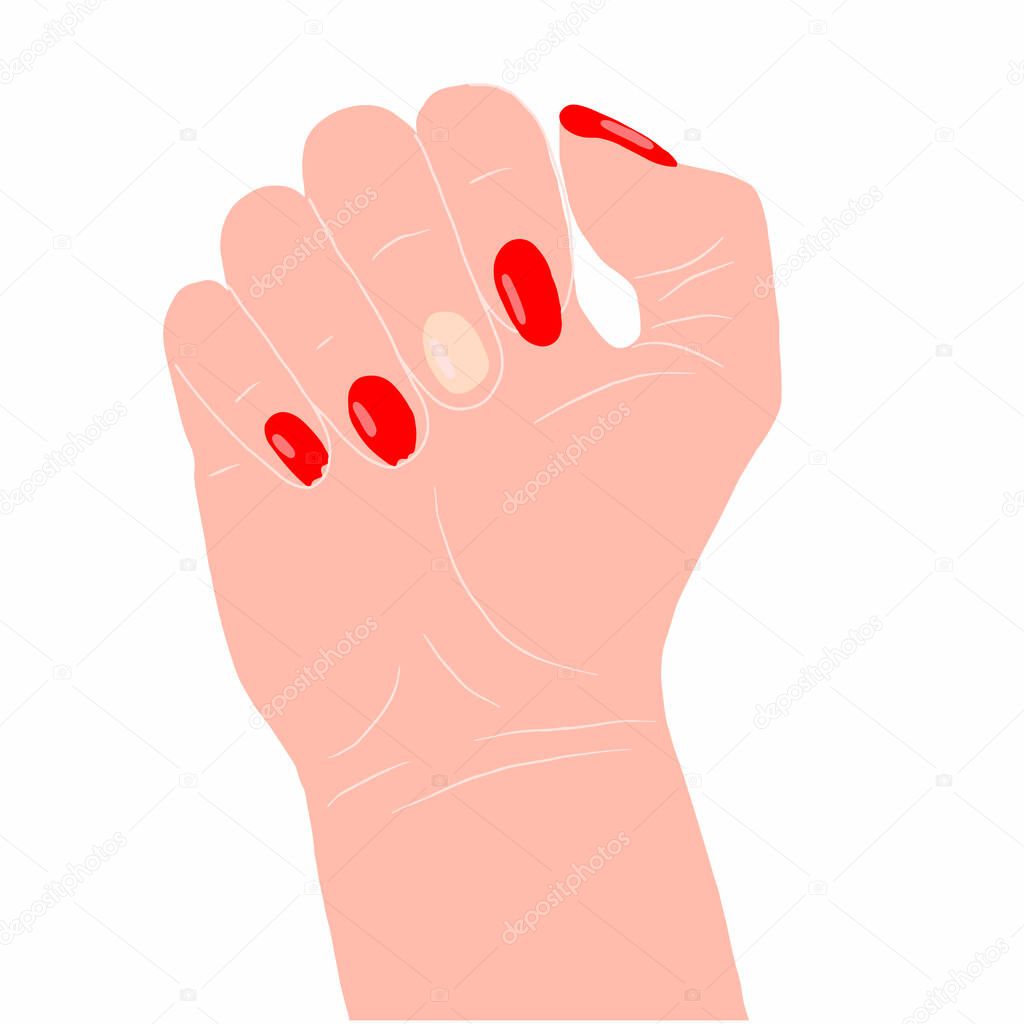 Brittle nails, female hand with thin broken nails. Vector illustration, hand drawn doodle