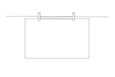 Tahta raptiyeyle ya da ip askısıyla sarkıtılmış bir tane boş kare kağıt kart çizen tek bir satır. Vektör illüstrasyonu