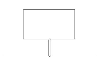 Boş pankart çubuğa asılıyor. Protesto pankartı, sahibinin şeffaflığı. Tek ve kesintisiz çizgi çizimi. Vektör illüstrasyonu
