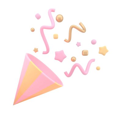 Renkli konfetisi olan bir parti manyağı. Çizgi film tarzı doğum günü kutlaması sembolü. 3d oluşturma