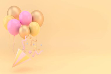 Konfeti kopyası uzay metni, doğum günü ve yıl dönümü pankartı koni patlaması, 3D görüntüleme.