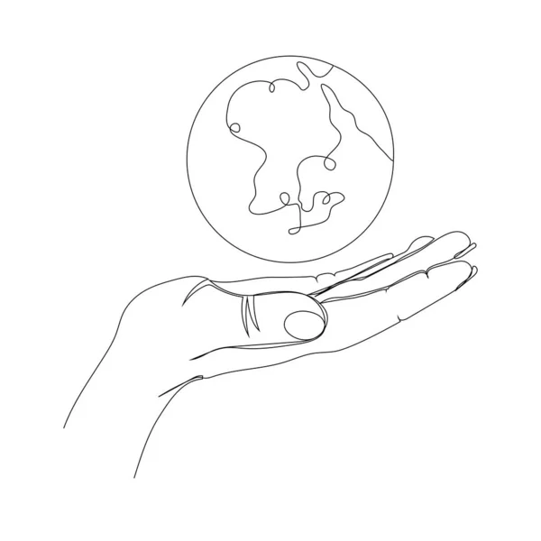 Непрерывный Рисунок Одной Линии Рука Держит Земной Шар Векторная Иллюстрация — стоковый вектор