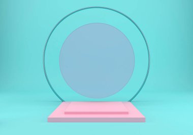 Geometrik şekilli 3D çizim stüdyosu, yerde podyum. Ürün sunumu için platformlar.