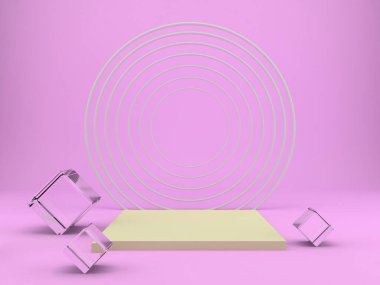 Geometrik şekilli 3D çizim stüdyosu, yerde podyum. Ürün sunumu için platformlar, arka plan oluşturun.
