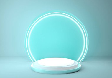 3 boyutlu kaide, silindir platform, yuvarlak neon çerçeveli parlak metalik podyum. Boş ürün vitrini standı.