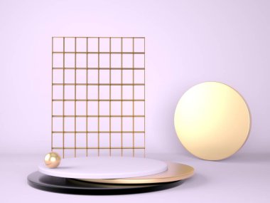 Pastel arka plandaki ürün podyumu 3D. Soyut asgari geometri kavramı. Stüdyo platformu teması. Sergi ve iş tanıtım aşaması. 3d oluşturma.