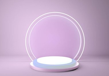 3 boyutlu kaide, silindir platform, yuvarlak neon çerçeveli parlak metalik podyum. Boş ürün vitrini standı.