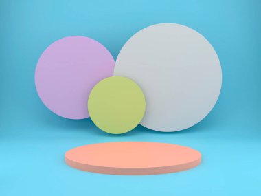 Geometrik şekilli 3D çizim stüdyosu, yerde podyum. Ürün sunumu için platformlar, modelleyin