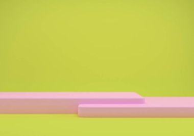 Geometrik şekilli 3D çizim stüdyosu, yerde podyum. Ürün sunumu için platformlar, modelleyin