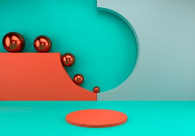 3D çizim, podyumlu soyut kompozisyon. İçi kaidesel ve fütüristik olan minimal stüdyo. Gösteri, Ürün.