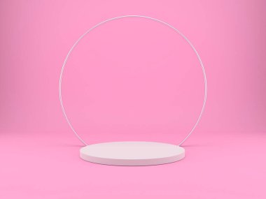 Geometrik şekilli 3D çizim stüdyosu, yerde podyum. Ürün sunumu için platformlar, modelleyin