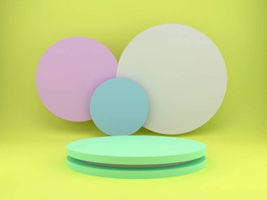 Geometrik şekilli 3D çizim stüdyosu, yerde podyum. Ürün sunumu için platformlar, modelleyin