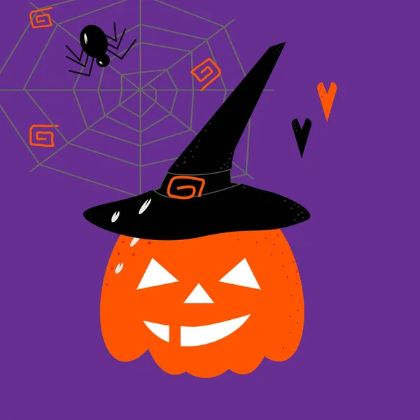 Abóbora laranja no Halloween em um chapéu preto com teias de aranha, aranha e corações —  Vetores de Stock
