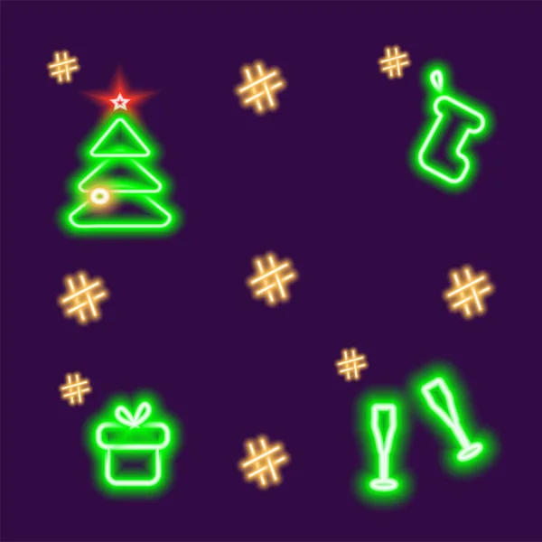 New Years neon icons with green glow on a purple background — Stock Vector