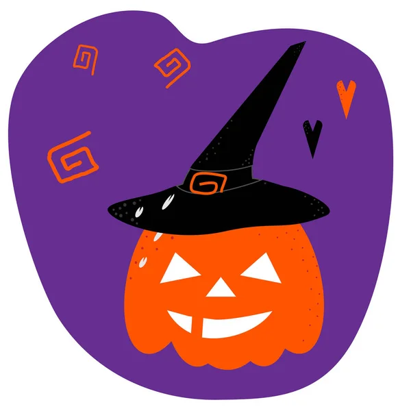 Оранжевая тыква на Хэллоуин в черной ведьмовской шляпе и два сердца на фиолетовом фоне — стоковый вектор