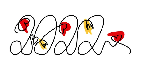 2022 праздник рукописные буквы с украшением в виде сердец и тюльпанов на белом фоне с цветовыми пятнами. Дизайн и изготовление новогодних и рождественских открыток и поздравлений — стоковый вектор