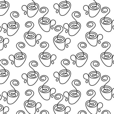 Siyah ve beyaz renkte tek renkli, minimalist çizgili bir sanat tarzında tek renkli, kusursuz bardak deseni. Ambalaj kağıdı, peçete, menü, kumaş tasarımı için tekrarlanan doku. El çizimi. Vektör