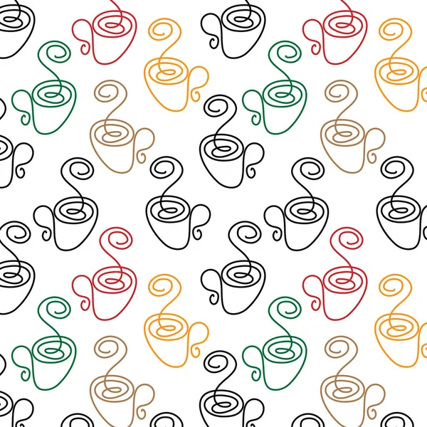 Abstract Seamless pattern of multicolored cups in a minimalistic line art style. Repeating texture for design of wrapping paper, napkins, menus, fabrics. Vector graphics. — Stock Vector