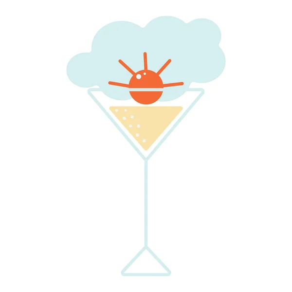 Gevuld cocktailglas met zonnebeeld op witte achtergrond. Contourtekening met gekleurde accenten. — Stockvector