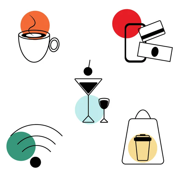 Zwart-wit set van vector pictogrammen van verwijzingen voor diensten en bedrijven, cafes, bars en restaurants, zoals bekers, telefoons, glazen, drankjes, afhaalmaaltijden, betaling met kleur vlekken in trendy tinten. — Stockvector