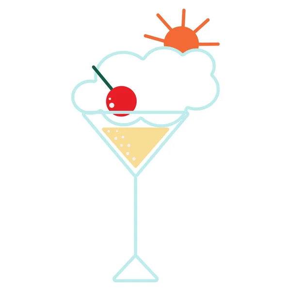 Gevuld cocktailglas met kersen op een witte achtergrond. Contourtekening met gekleurde accenten. — Stockvector